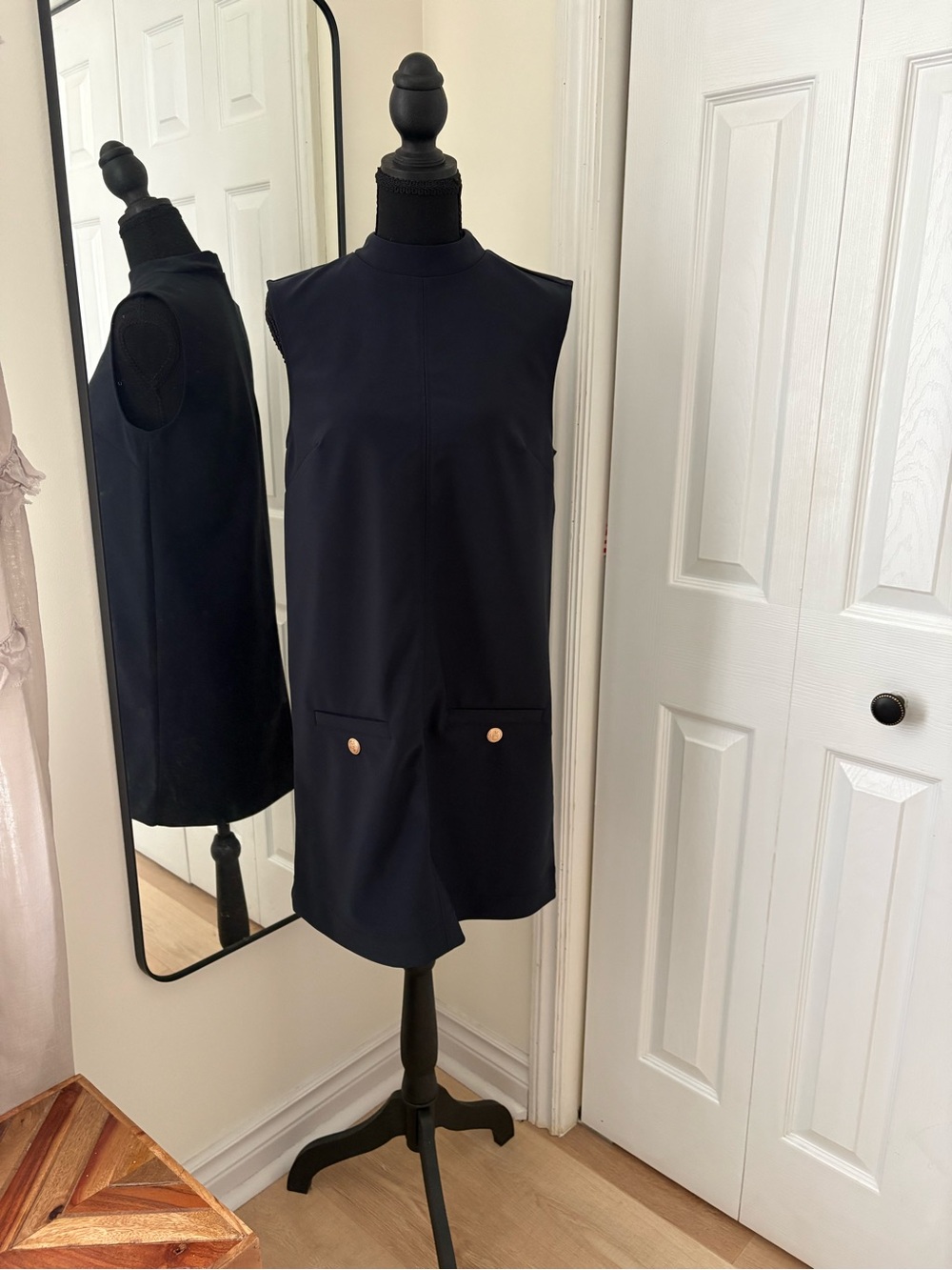 H&M Navy Sleeveless Mini Shift Dress with Gold Buttons